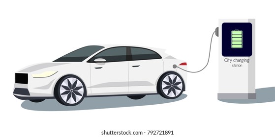 Vector isolated electric car with charging station