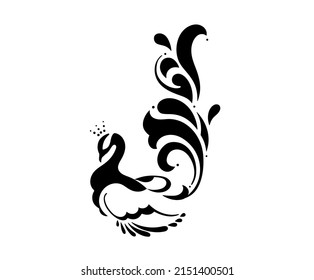 Vector isolated elegant abstract firebird or peacock  outline black colored silhouette shadow