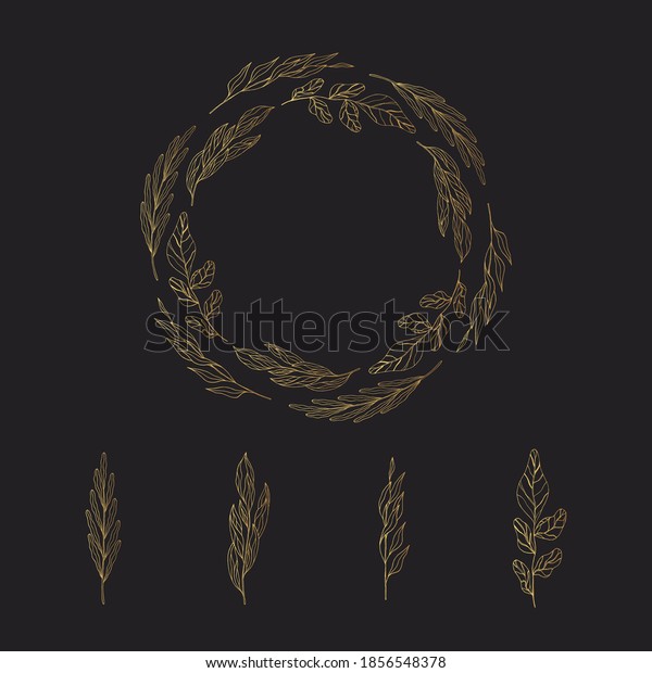 Vector isolated elegant flourish golden wreath.\
Set of floral spring brunches. Gold rustic frame for wedding card\
and decoration herbs.