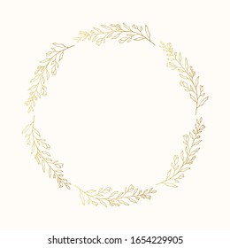 Vector isolated elegant flourish wreath. Golden floral herb border. Rustic gold invitation round frame for wedding card. 