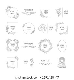 Vector isolated elegant foliage wedding badges. Hand drawn branding frames with flowers and floral branches for invitation cards.