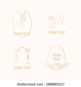 Vector isolated elegant, golden foliage fancy wedding badges. Hand drawn branding frames with gold flowers, floral branches, engagement elements for invitation cards.