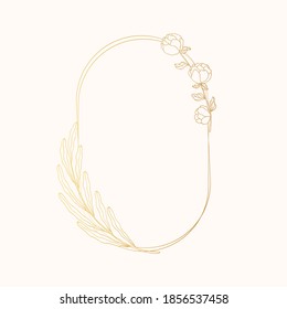 Vector isolated elegant oval flourish wreath. Golden floral spring border. Gold foliage frame for wedding card with delicate herbs.