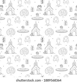 Vector isolated elegant wedding seamless pattern. Bride and groom faces, fountain, chapel, wedding tree for invitation card background.