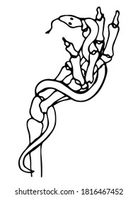 Vector isolated element, anatomy, bone with snake. Hand holding a snake. Hand drawn doodle.