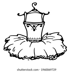 Vector isolated element ballet tutu on hangers drawn by hand in sketch style with a black line. Ballerina Dress on hangers for logo, labels and packaging for dance design template