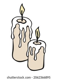 Vector isolated element burning candle. Hand drawn colored illustration. Design for card, print, logos, poster. Halloween theme.