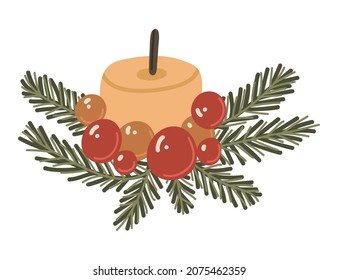 Vector isolated element. Candle with Christmas tree branches. Christmas tree toys. Decoration for Christmas. Color image on a white background. The print is used for packaging design.