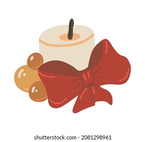 Vector isolated element. Candle with a red bow. Christmas tree toys. Decoration for Christmas. Color image on a white background. The print is used for packaging design.