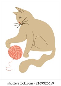 Elemento aislado del vector. gato con una bola de hilo. El gato está jugando. Yarn. Trabajo hecho a mano. Tejido. Imagen de color en un fondo blanco. La impresión se utiliza para el diseño de paquetes.