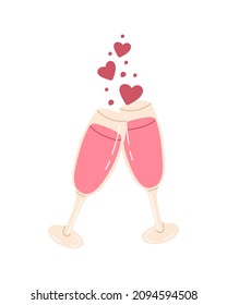 Vector isolated element. Champagne or wine with hearts. A drink for Valentine day. Symbols of Valentine's day. Color image on a white background. The print is used for packaging design.