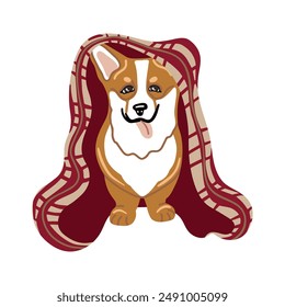 Vector isolated element. Corgi dog. Autumn time. A dog with a blanket. Color image on a white background. The print is used for packaging design.