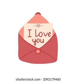 Vector isolated element. An envelope with a letter. Valentine card. Symbols of Valentine's day. Color image on a white background. The print is used for packaging design. 