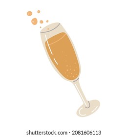 Elemento aislado del vector. Vidrio de champán. Vino espumoso. Imagen de color en un fondo blanco. La impresión se utiliza para el diseño de paquetes.
