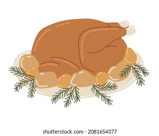 Vector isolated element. Gobbler for the holiday table. Christmas dish or thanksgiving. Color image on a white background. The print is used for packaging design.