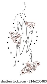 Vector isolated element. Hands. Moth. Mysticism. Black hand drawn doodle on a white background. The print is used for packaging design.