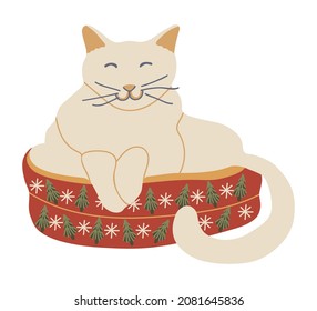 Vector isolated element. Happy cat is sitting in the bed. Decoration for Christmas. Color image on a white background. The print is used for packaging design.