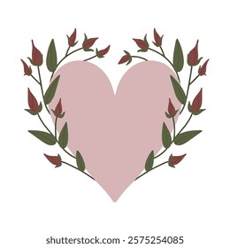 Vector isolated element. A heart with flowers. Plants. Spring. Valentine card. Valentine day. Symbols of Valentine's day. Color image on a white background. The print is used for packaging design.