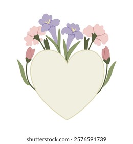 Vector isolated element. A heart with flowers. Plants. Spring. Valentine card. Valentine day. Symbols of Valentine's day. Color image on a white background. The print is used for packaging design.