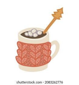 Vector isolated element. Hot chocolate or cocoa with marshmallows. Christmas drink. Christmas mug. Color image on a white background. The print is used for packaging design.