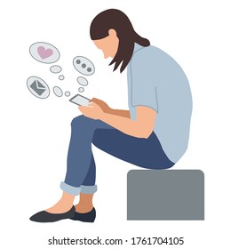 Elemento aislado del vector. Ilustración de una estudiante con un teléfono. Comunicación en redes sociales.