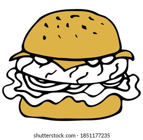 Vector isolated element. Illustration with takeaway food. Logo for the fast food menu. Hand drawn doodle. Cheeseburger, Burger