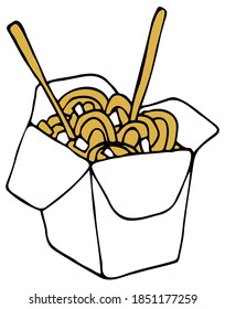 Vector isolated element. Illustration with takeaway food. Logo for the fast food menu. Hand drawn doodle. WOK noodles