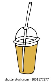 Vector isolated element. Illustration with takeaway food. Logo for the fast food menu. Hand drawn doodle. Cup of juice, cocktail or tea with a straw