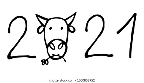 Vector isolated element, 
lettering for the upcoming new year, the year of the bull. Hand drawn doodle.
