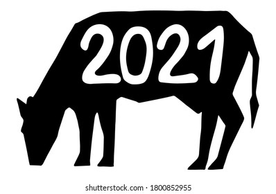 Vector isolated element, 
lettering for the upcoming new year, the year of the bull. Silhouette of cow. Hand drawn doodle.