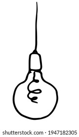 vector isolated element light bulb with spiral inside black outline on white background doodle style drawing for design template