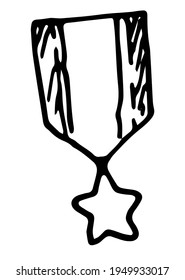 Vector isolated element medal symbol of victory. hand drawn ribbon with two dark stripes on the sides with a doodle style star black outline on a white background