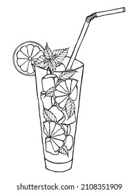 Vector isolated element. Mojito cocktail with lime. Cocktail with ice and mint. Black hand drawn doodle on a white background. The print is used for packaging design.