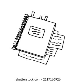 Vector isolated element. The open book. A book with a bookmark. Education. Bookstore. Office supplies. Black hand drawn doodle on a white background. The print is used for packaging design.