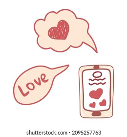 Vector isolated element. Phone with messages. A message in a bubble. A love message. Symbols of Valentine's day. Color image on a white background. The print is used for packaging design. 