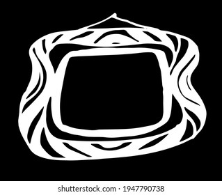 vector isolated element picture frame with texture curved black and white stripes with puffy space for text inside hanging on a nail white outline drawing on a black background