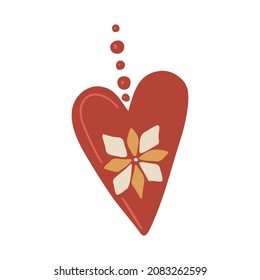 Vector isolated element. Red heart. Christmas ball with bow. Christmas tree toys. Decoration for Christmas. Color image on a white background. The print is used for packaging design.
