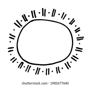 A vector isolated element is a round frame made of an oval with a pattern around it made of short parallel strokes with dots between them. a template for a design with a blank space inside 