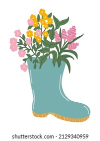 Vector isolated element. A rubber boot and a bouquet of flowers. Wildflowers. Gardening. Springtime. Color image on a white background. The print is used for packaging design.