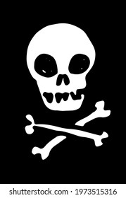 vector isolated element of the skull and crossbones. hand-drawn skeleton white outline silhouette on black background for design template. the symbol of death and the flag of piracy