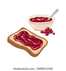 Vector isolated element. Toast with berry jam. A bowl of jam. Berry jam. Color image on a white background. The print is used for packaging design.