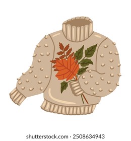 Vector isolated element. A wool sweater. Knitted sweater. Clothes. A bouquet of autumn leaves. Autumn style. Autumn time. Color image on a white background. The print is used for packaging design.