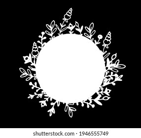 Vector isolated element for your template white blank circle for text with a border of twigs with leaves around in the style of a doodle white outline on a black contrasting background Vector illustra