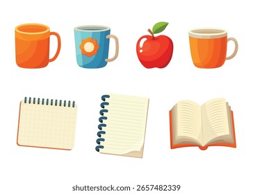 Vector isolated elements: mugs, apple, notebook, calendar, opened book. Set of vector elements in cute cartoon style. Nice warm fall colors