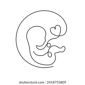 Vector isolated embryo baby inside in the uterus with an umbilical cord side view one single contemporary line art colorless black and white contour line easy drawing