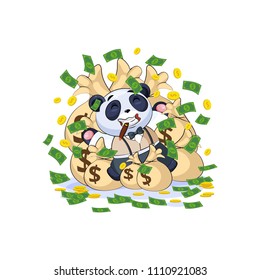Vector isolated Emoji character cartoon wealth riches panda cub bamboo bear Chinese symbol in business suit sticker emoticon lies happy on bags money celebrates profits dollars earnings income salary