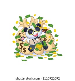 Vector isolated Emoji character cartoon wealth riches panda cub bamboo bear Chinese symbol in business suit sticker emoticon lies happy on bags money celebrates profits dollars earnings income salary