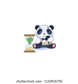 Vector isolated Emoji character cartoon businessman sad panda cub bamboo bear Chinese symbol in business suit sticker emoticon sits at hourglass money goes as sand losses cost spending expense charges