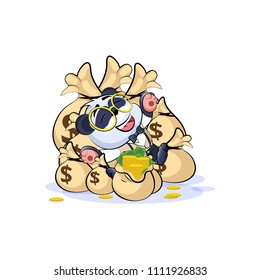 Vector isolated Emoji character cartoon wealth riches panda cub bamboo bear Chinese symbol in business suit sticker emoticon lies happy on bags money celebrates profits dollars earnings income salary