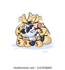Vector isolated Emoji character cartoon wealth riches panda cub bamboo bear Chinese symbol in business suit sticker emoticon lies happy on bags money celebrates profits dollars earnings income salary